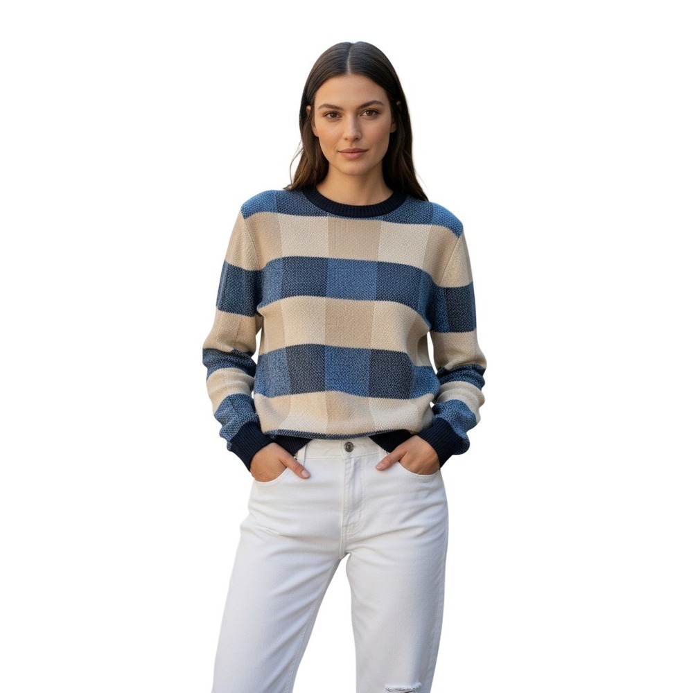 Club Room Nautical Blue Tan Plaid Crewneck Sweater Merino Wool Blend M
